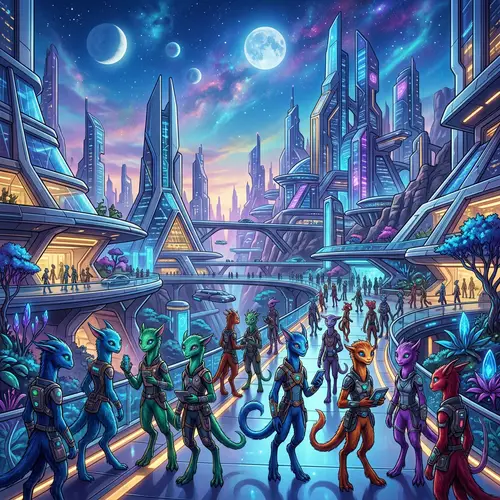 Futuristic Planet with Bipedal Aliens and Two Moons