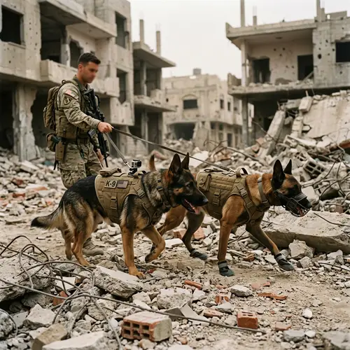 Dogs in Combat Gear Patrolling War Zone Ruins
