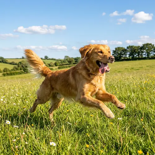 Joyful Canine Species Bounding Delightfully in Green Meadow