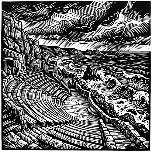 Monochrome Storm View from Minack Theatre in Linocut Print