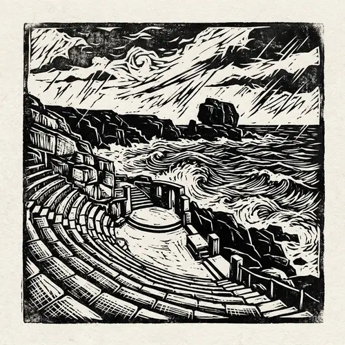 Monochrome Lino Cut Print of Minack Theatre and Logan Rock in Storm