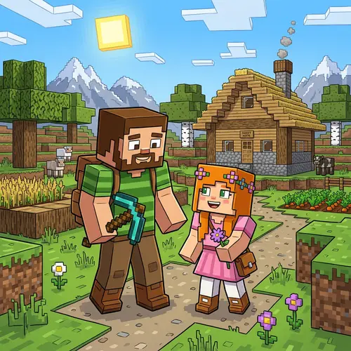 Father and Daughter in Minecraft Style Art