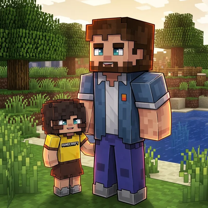 Father and Daughter in Minecraft Style Art