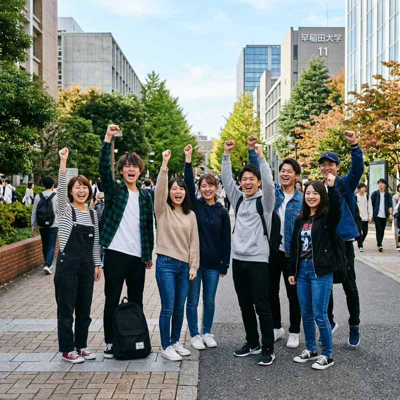 Excited Japanese College Students Celebrating with Victory Pose Excited Japanese College Students Celebrating with Victory Pose