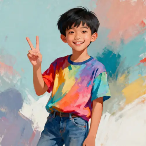 Confident Asian Boy Posing with a Peace Sign