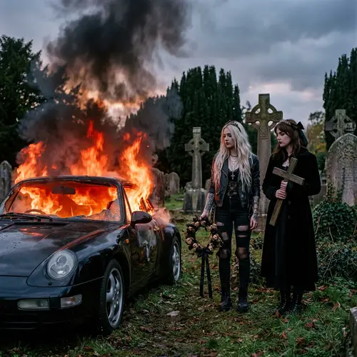 Gothic Fashion Models in Fiery Car Graveyard Scene