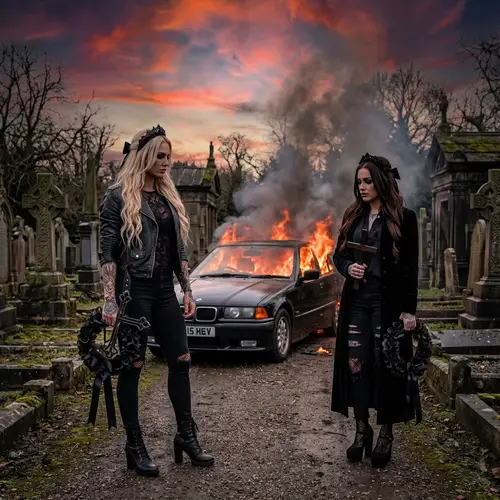Gothic BMW E36 on Fire: Two Women in Mourning, Tattoos, and Diadems