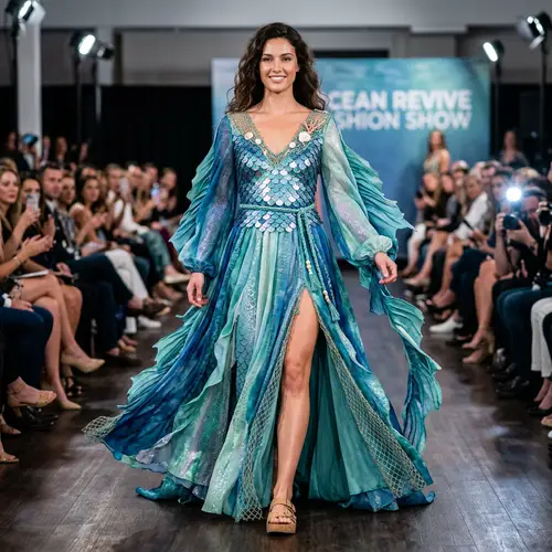 Eco-Friendly Ocean-Themed Long Dress for Runways