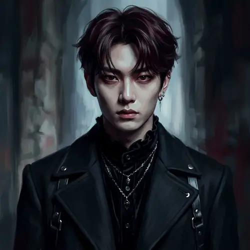 Fashion-Forward Vampire: Gothic Asian Male in Dramatic Lighting