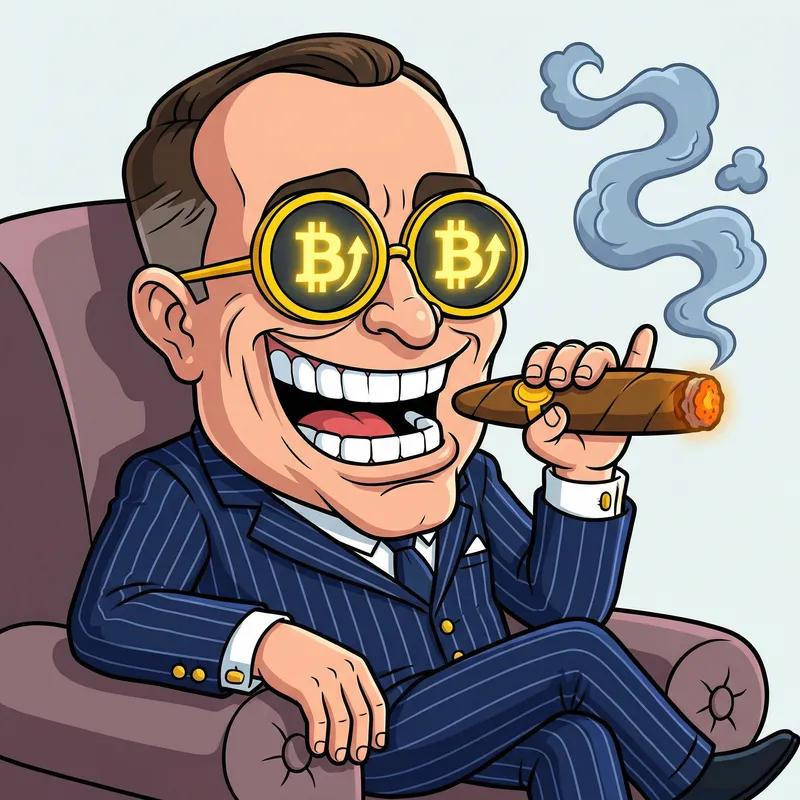 Cartoon Millionaire in Bitcoin Glasses and Cigar