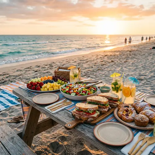 Colorful Beach Picnic with Fruits, Sandwiches, Salad & Pastries