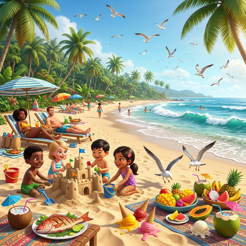 Beach Food Delights: Grilled Fish, Fruits, and Fun Activities