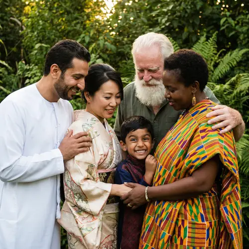 Multicultural Family Portrait in Lush Greenery | Beautiful Composition