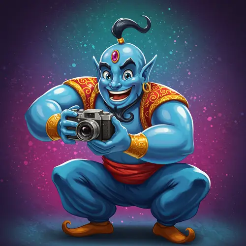Whimsical Genie Mascot with Vintage Camera