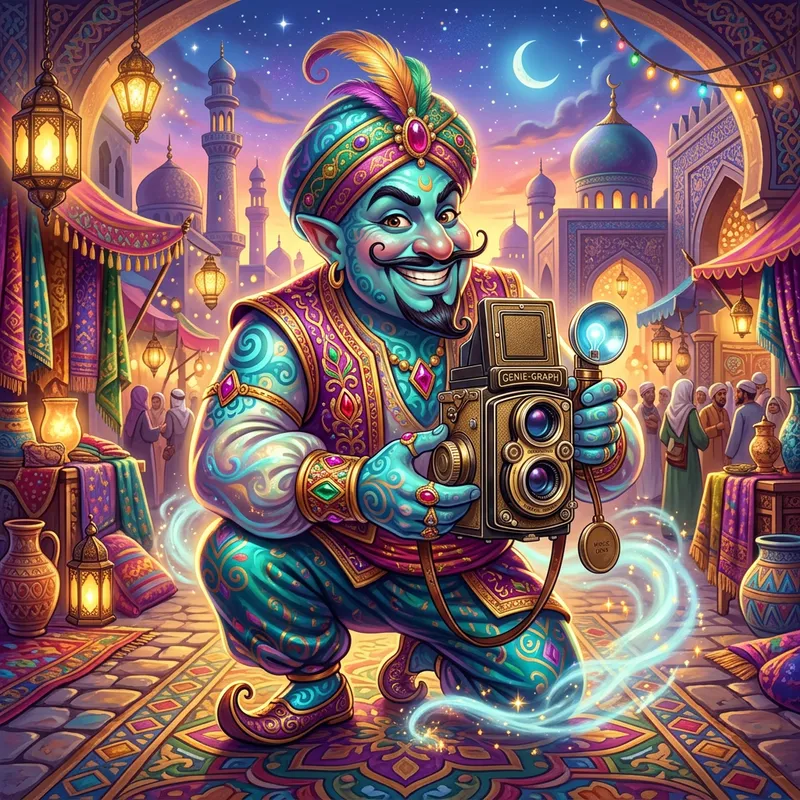 Whimsical Genie Mascot with Vintage Camera