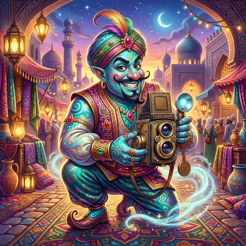 Whimsical Genie Mascot with Vintage Camera