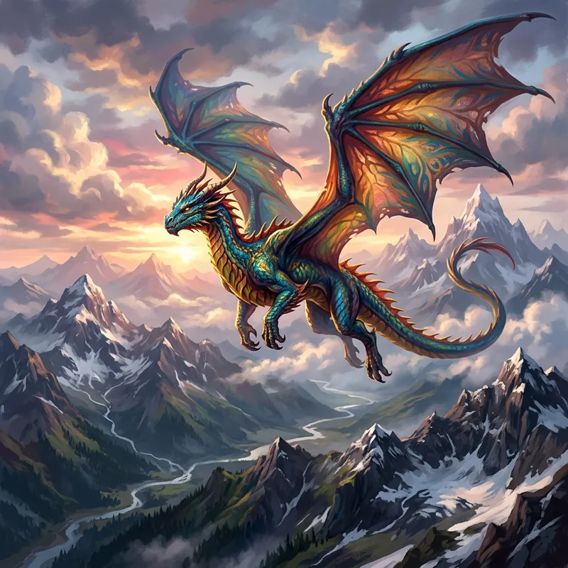 Majestic Dragon Soaring Over Mountain Ranges