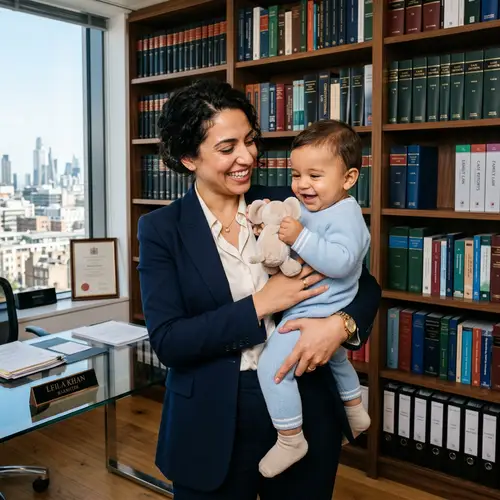 Successful Advocate Mom with Baby Boy in Modern Office