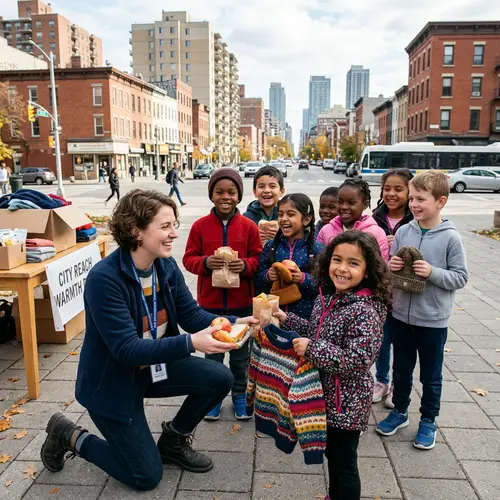 Social Worker Distributing Warm Clothes & Food to Diverse Children