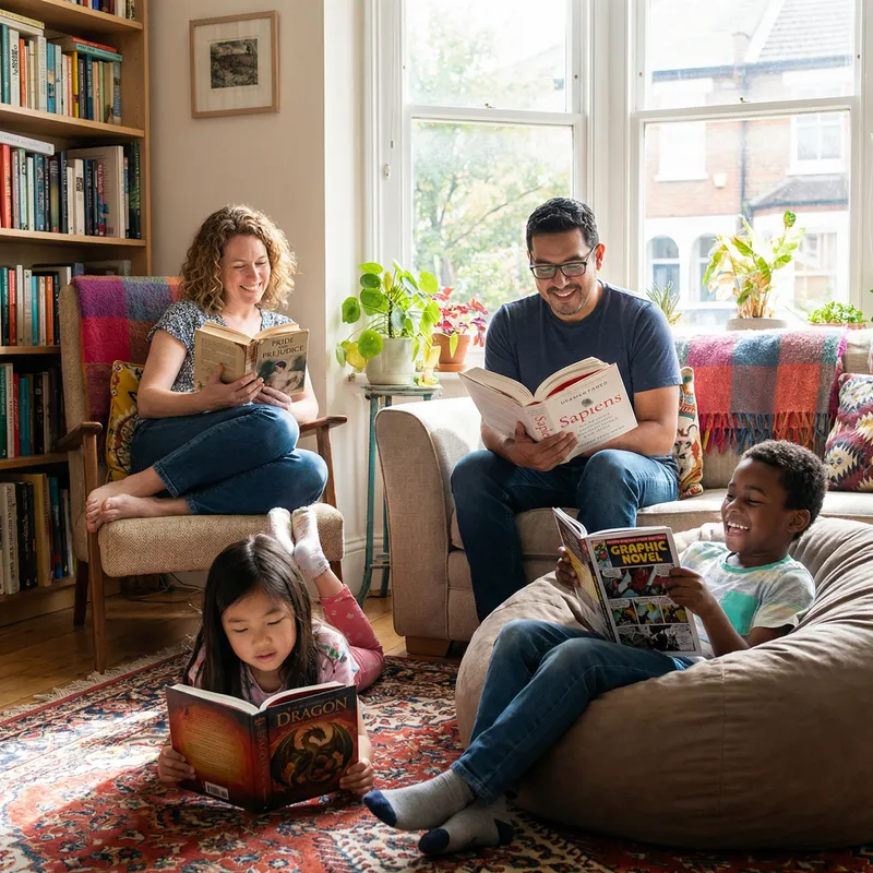 Happy Family Reading Books - Cozy Multicultural Scene