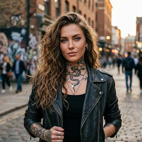 Stunning Badass Woman with Blue Eyes and Neck Tattoo