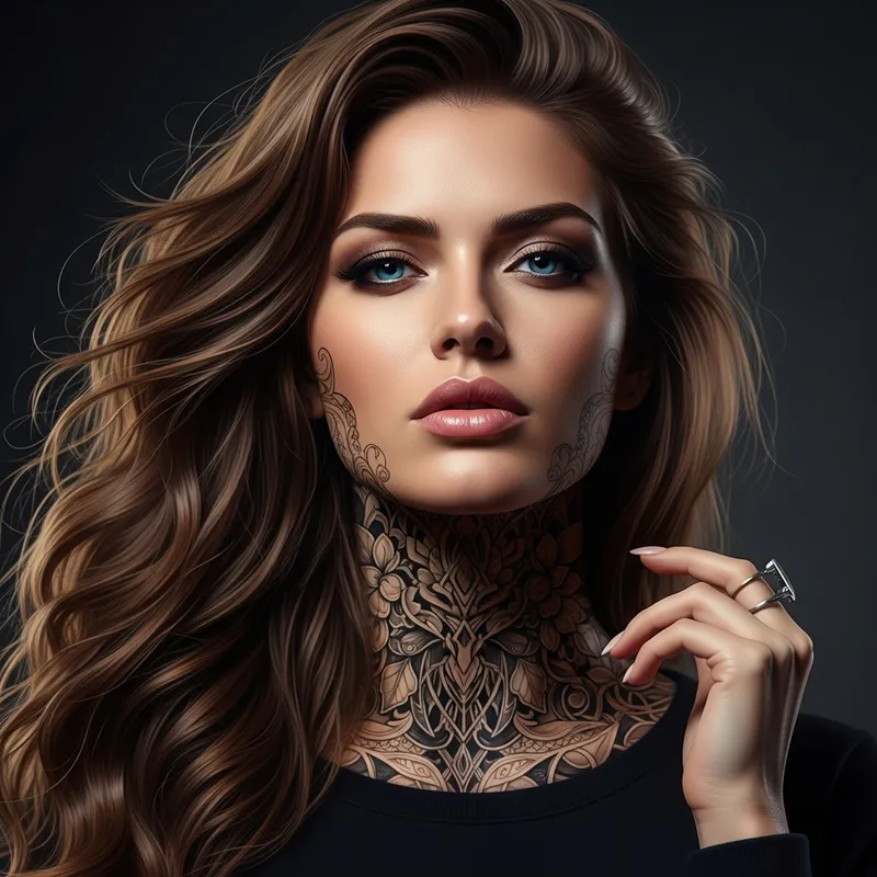 Stunning Badass Woman with Blue Eyes and Neck Tattoo