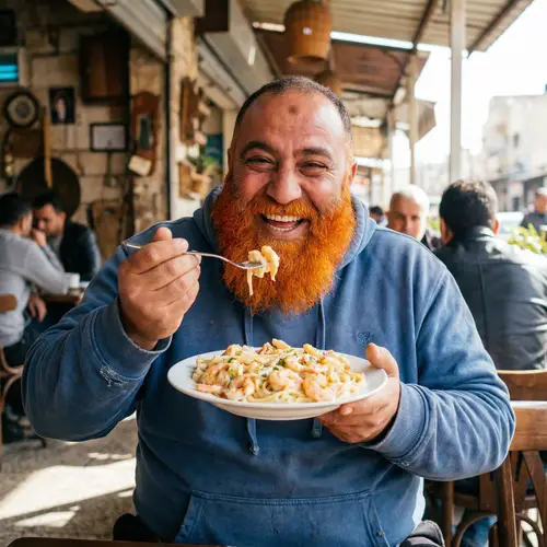 Robust Middle-Eastern Man Enjoying Shrimp Alfredo Meal