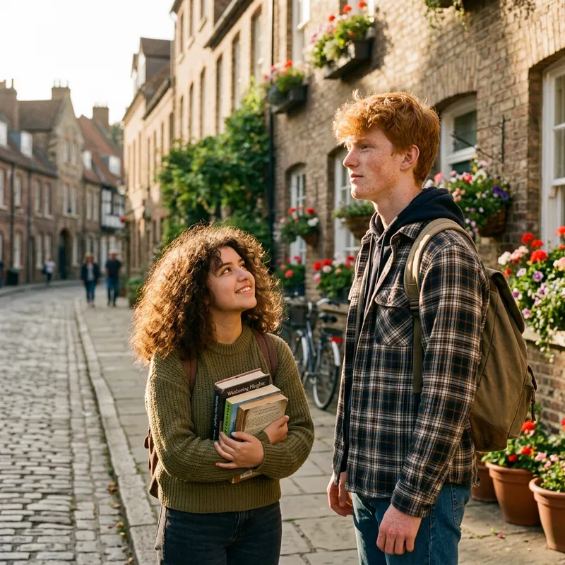 Short Hispanic Girl and Tall Red-Haired Guy with Books on Quiet Street