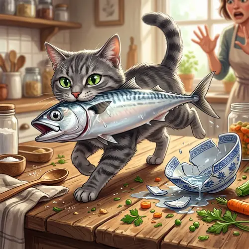 Mischievous Cat Stealing Shiny Silver Fish - Illustration