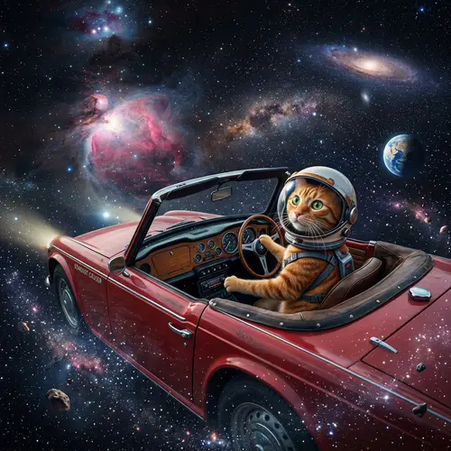 Cat Driving Car in Space Among Stars