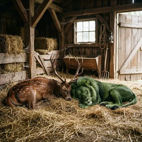 Red Deer and Green Lion in Barn