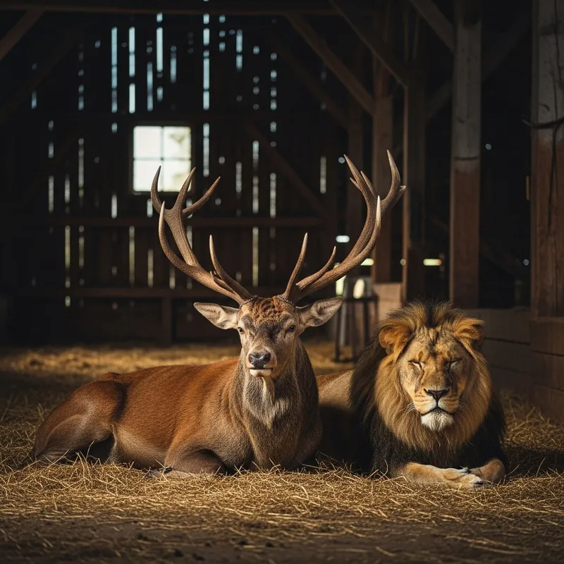 Red Deer and Green Lion in Barn