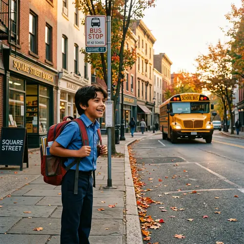 Hispanic Boy Excitedly Waiting for School Bus on Square Street