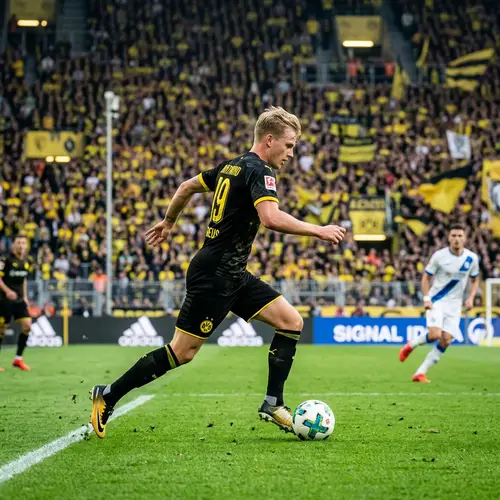 Young Male Soccer Player in Black and Yellow Uniform on Grassy Field