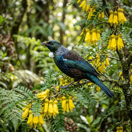 Vibrant Tui Bird & Kowhaiwhai Flowers in New Zealand