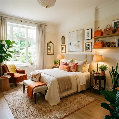 Opulent and Chic Bedroom Design in Hermes Orange and Beige Tones
