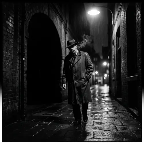 Mysterious Figure in Shadows: Atmospheric Film Noir Shot
