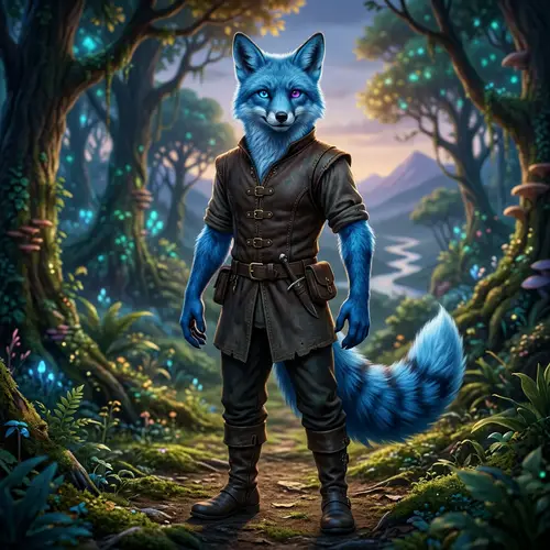 Male Fox Demi-Human with Blue Fur and Heterochromatic Eyes