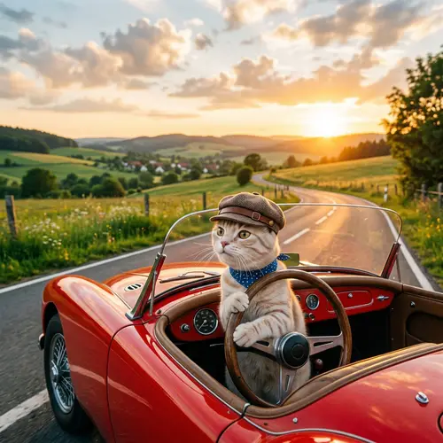 Whimsical Cat Driving Adventure | Vintage Car Cruise