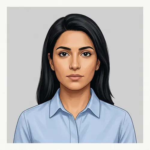 Middle-Eastern Woman Passport Photo in Blue Collared Shirt