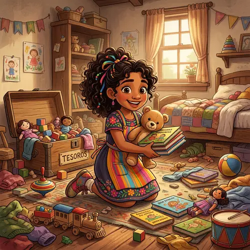 Young Hispanic Girl Tidying Up Messy Room in Pixar-Style Animation