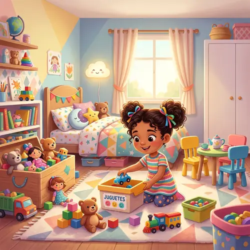 Hispanic Little Girl Organizing Toys in Colorful Room | Pixar Style