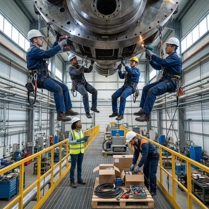Diverse Team of Mechanics Performing Maintenance at Industrial Facility