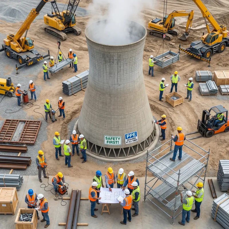 Bustling Industrial Process with Diverse Workforce and Cooling Tower