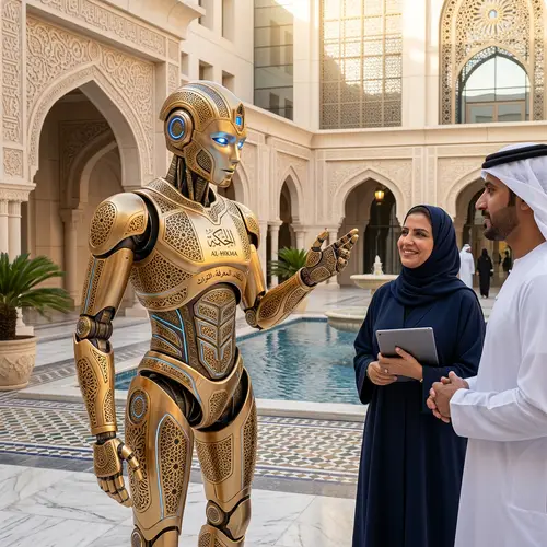 Sleek Robot with Arabic Design Accents | Intelligent Communication
