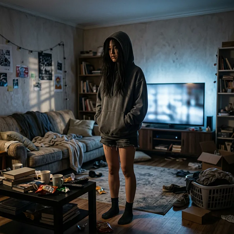 Young Asian Woman Standing in Dimly Lit Room | Dramatic Shadows
