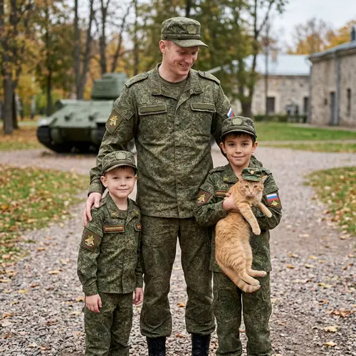 Blonde Man and Boys in Russian Army Outfits