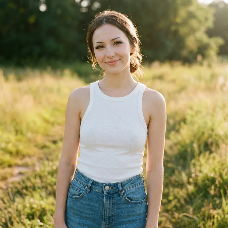 25-Year-Old Woman in Jeans and White Tank Top | Soft Facial Features