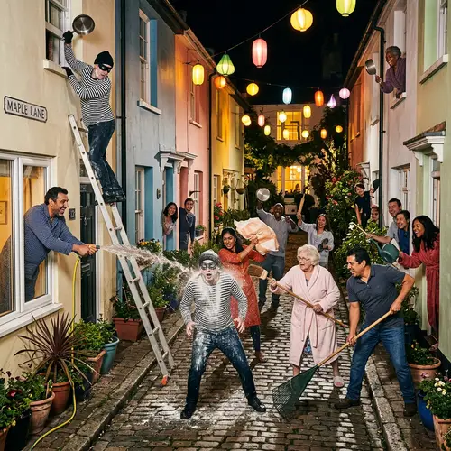 Comedic Robbery Scene in Diverse Neighborhood - Funny Situation