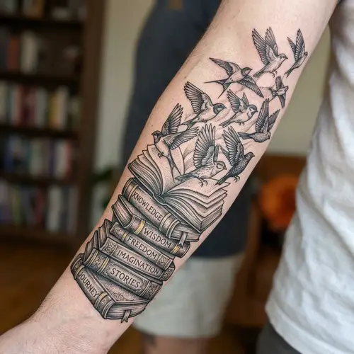 Books Tattoo with Birds | Symbol of Freedom & Knowledge